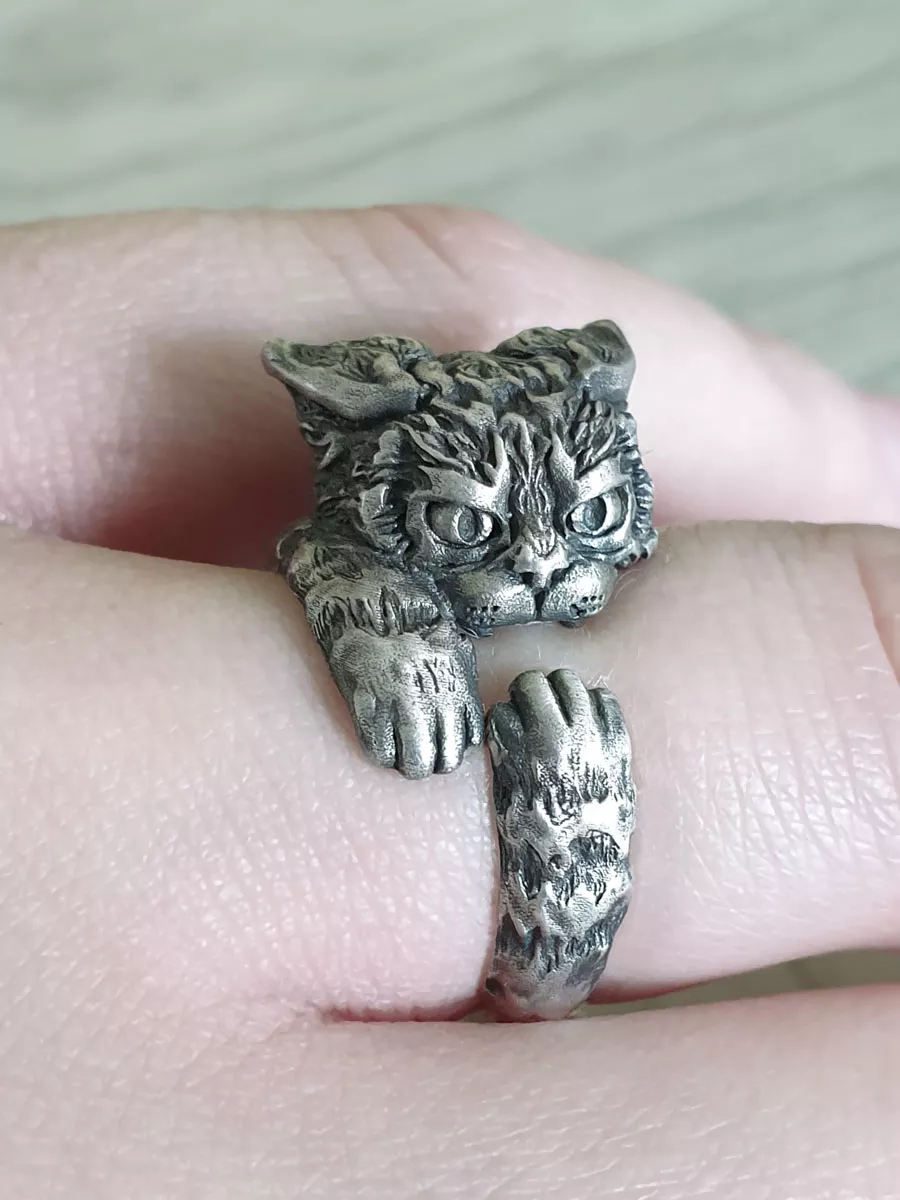 Кольцо серебряное кот Кусь