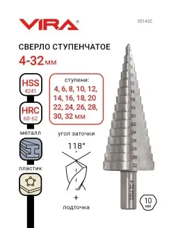 Сверло ступенчатое с трехгранным хвостовиком 4-32 мм