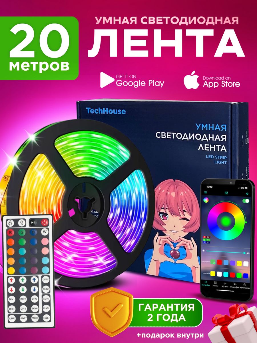 Светодиодная лента 20 метров с пультом RGB LED — cтатистика продаж на  Wildberries бесплатно по арт.62001024