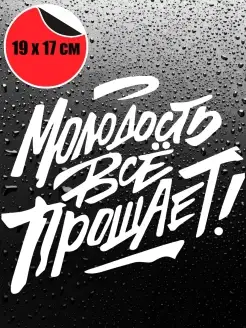 Наклейка на авто Молодость все прощает 19х17