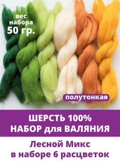 Шерсть для валяния, 100% шерсть полутонкая, набор 50 гр